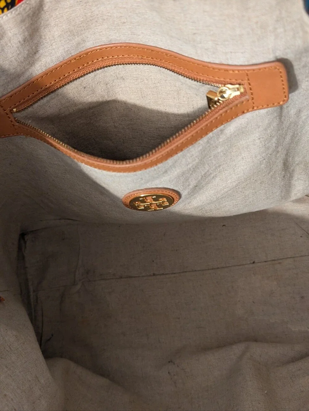 Tory Burch Canvas Tote with Tan Leather Trim and Gold Logo